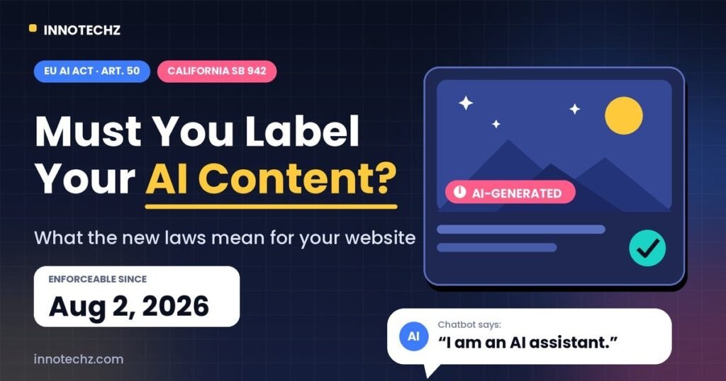 Must you label your AI content? AI-generated image label and AI chatbot disclosure illustration