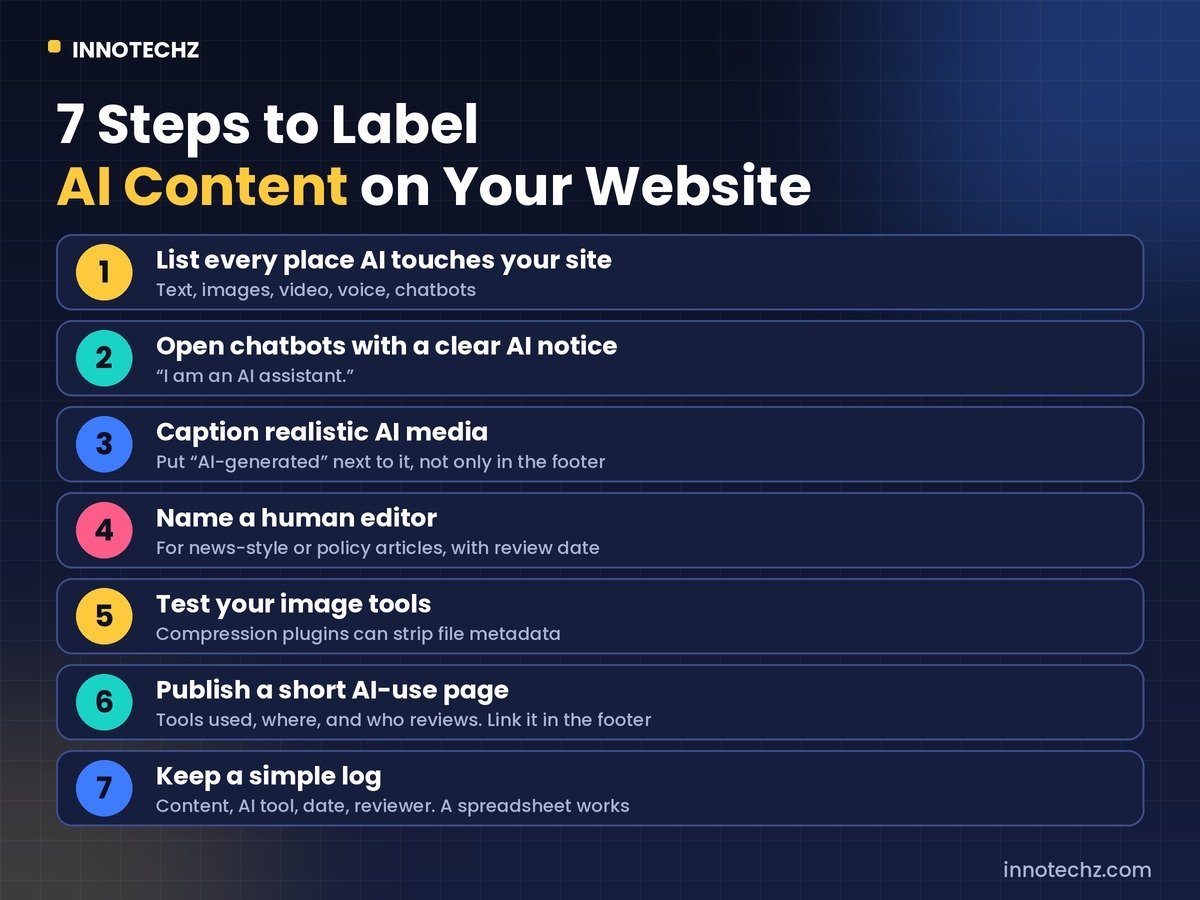 Checklist of 7 steps to label AI content on a website, from listing AI use to keeping a log