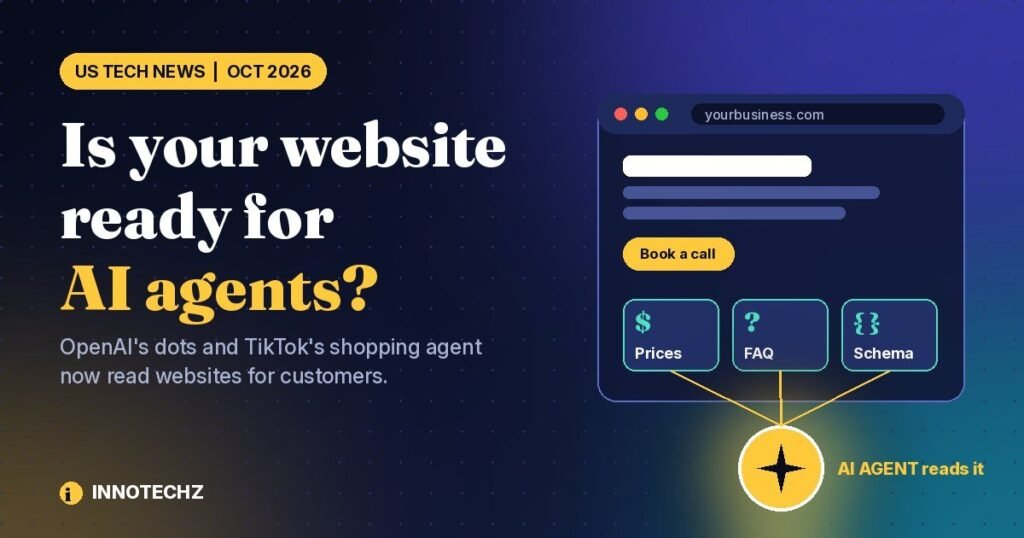 Is your website ready for AI agents? Illustration of an AI agent reading a business website with prices, FAQ and schema